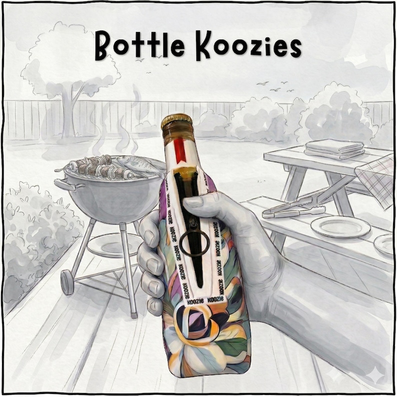 May include: An illustration of a hand holding a bottle of beer in a colorful bottle koozie. The koozie has a floral design with the words "Koozie" printed on it. The text "Bottle Koozies" is at the top of the image. A barbecue grill and picnic table are in the background.