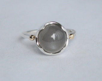 Grey Moonstone Ring- 14K Yellow Gold And Sterling Silver