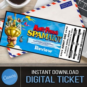 May include: A digital ticket for a Monty Python's Spamalot show at the Plaza Arena in Berlin on Saturday, November 24, 2024 at 7:00 PM. The ticket is blue and red with a cartoon image of a hand holding a golden goblet.