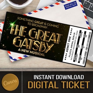 Druckbar das GROSSE GATSBY-Musicaltheater-Karte, personalisierte Geschenk-Enthüllung, bearbeitbares West End, Broadway-Andenken-Andenken, Canva-Download