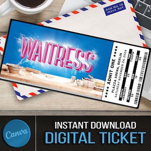 Druckbare Kellnerin Broadway Surprise Ticket, Kellnerin Musical Collectible Theaterticket, Kellnerin bearbeitbares Musicaltheater-Event-Souvenir
