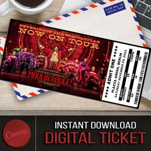 Druckbare MOULIN ROUGE Musical Theater Ticket, personalisierte Geschenk Reveal, bearbeitbare West End, Broadway Souvenir Andenken, Canva Download