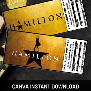 HAMILTON Broadway-cadeaubon, bewerkbaar gepersonaliseerd muziektheaterticket, download op canva, afdrukbaar ticket, bewerkbaar muzikaal nepticket