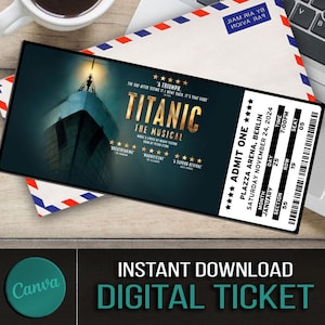 Druckbare TITANIC Musical Theater Ticket, personalisierte Geschenk offenbaren, bearbeitbares West End, Broadway Souvenir Andenken, Canva Download