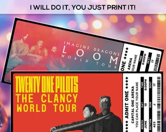 May include: Two concert ticket designs. The top ticket is for Imagine Dragons' Loom World Tour. The bottom ticket is for Twenty One Pilots' The Clancy World Tour. Both tickets feature the band's name, tour name, and venue.