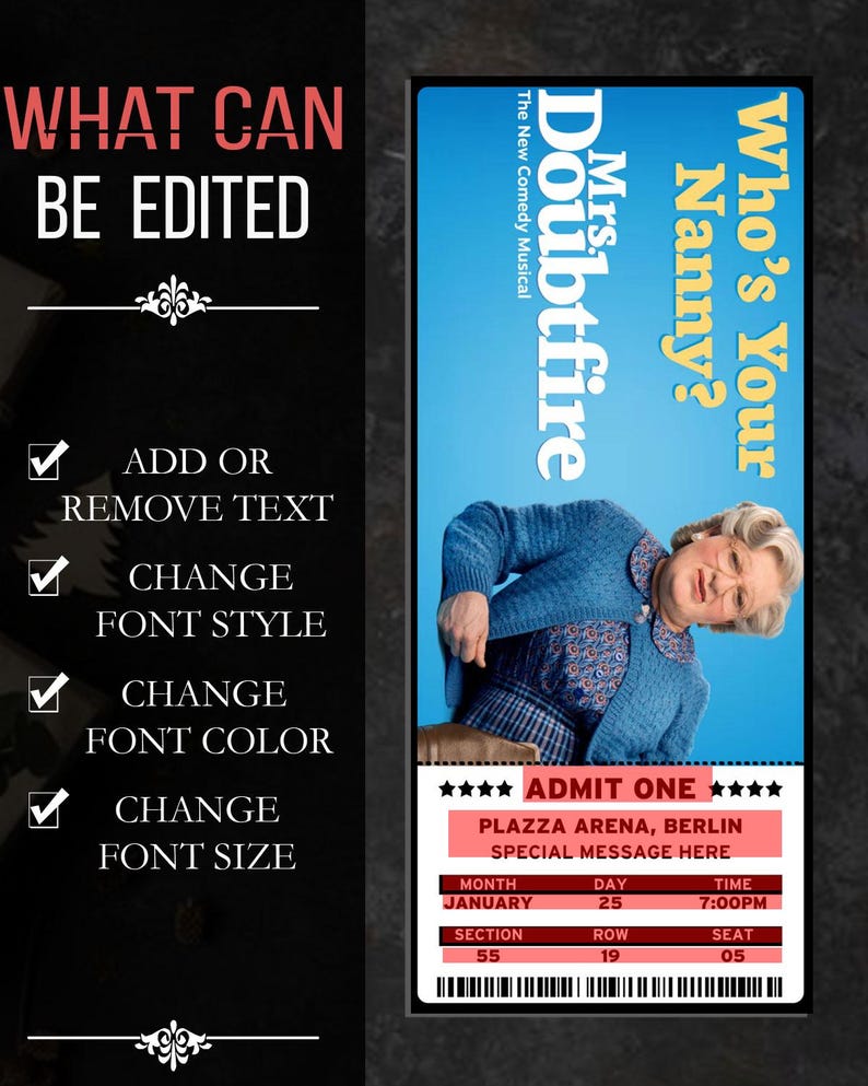 Mrs. Doubtfire Musical Ticket: Individuelles Broadway-Geschenk (Canva Download) Bild 3