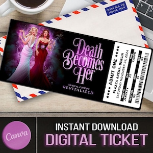 印刷可能な「Death Becomes Her」ミュージカル劇場チケット、パーソナライズされたギフトのお披露目、編集可能なウエストエンド、ブロードウェイの記念品、Canva のダウンロード