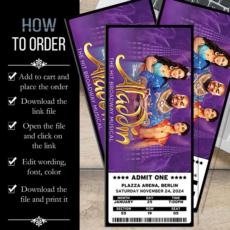 Printable Aladdin Musical Theatre Ticket, Personalized Gift Reveal ...