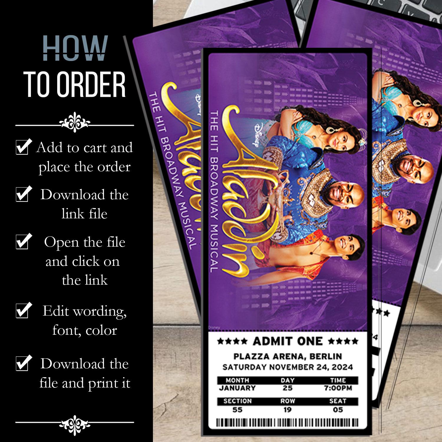 Printable Aladdin Musical Theatre Ticket, Personalized Gift Reveal ...