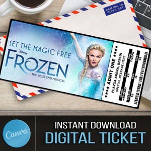 Druckbare FROZEN Broadway Surprise Ticket, bearbeitbares Musiktheater Faux Event Eintritt Souvenir Andenken, Canva Sofortiger digitaler Download