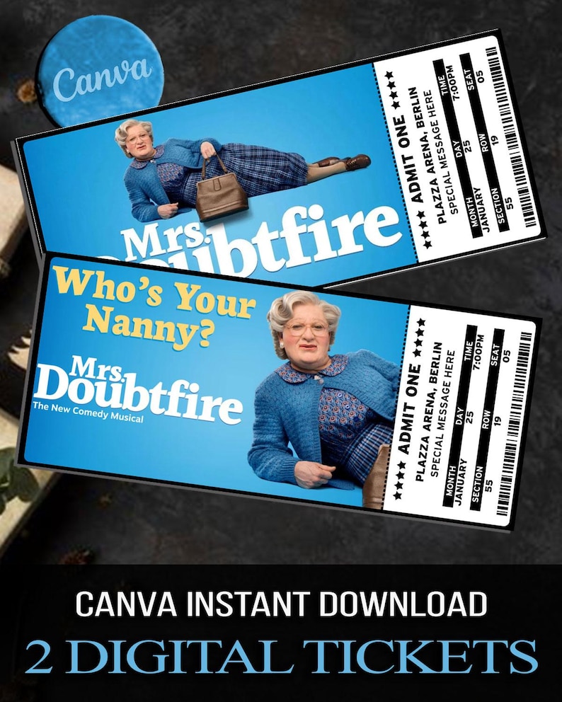 Mrs. Doubtfire Musical Ticket: Individuelles Broadway-Geschenk (Canva Download) Bild 1
