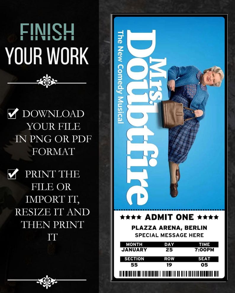 Mrs. Doubtfire Musical Ticket: Individuelles Broadway-Geschenk (Canva Download) Bild 4
