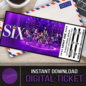 Afdrukbaar SIX-muziektheaterkaartje, gepersonaliseerde cadeau-onthulling, bewerkbaar West End, Broadway Souvenir Keepsake, Canva Instant Download