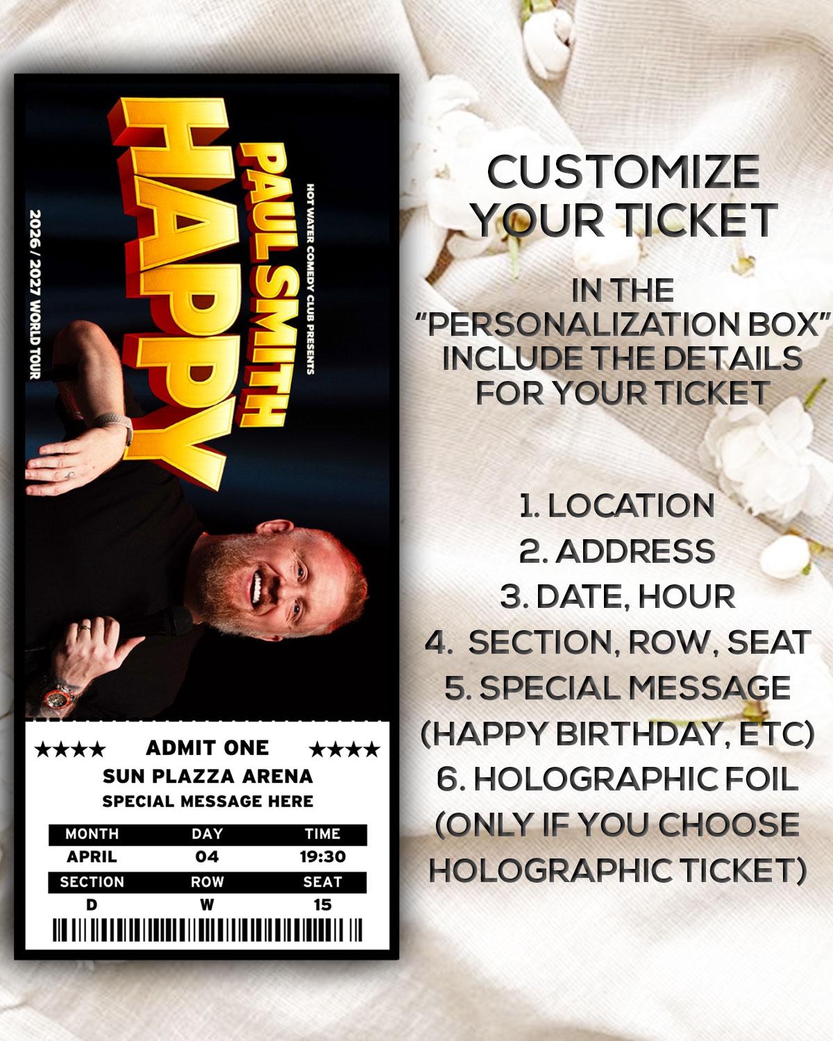 Custom Paul Smith Happy Tour Laminated Ticket, Comedy Show