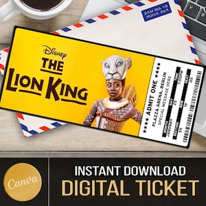 Biglietti stampabili per il musical teatrale Il Re Leone, regalo personalizzato, modificabile West End, souvenir di Broadway, download Canva