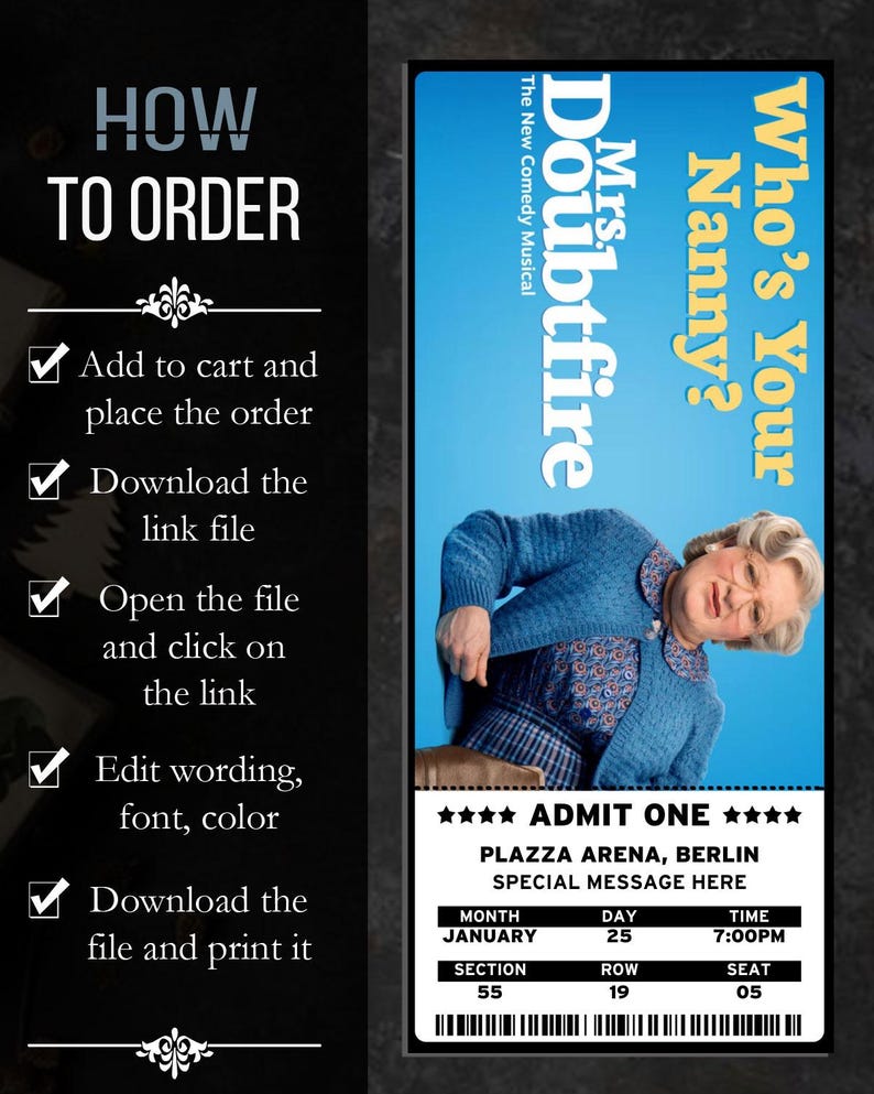Mrs. Doubtfire Musical Ticket: Individuelles Broadway-Geschenk (Canva Download) Bild 2