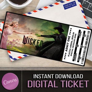 Boleto sorpresa de cumpleaños WICKED imprimible, boleto de cine coleccionable WICKED MOVIE 2024, recuerdo de evento falso de teatro musical editable de Wicked