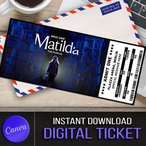 Druckbare MATILDA Musical Theater Ticket, personalisierte Geschenk offenbaren, bearbeitbare West End, Broadway Souvenir Andenken, Canva Sofortiger Download