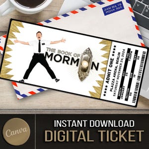 Druckbare das BOOK OF MORMON Musical Theater Ticket, personalisierte Geschenk Reveal, bearbeitbare West End, Broadway Souvenir Andenken Canva Download