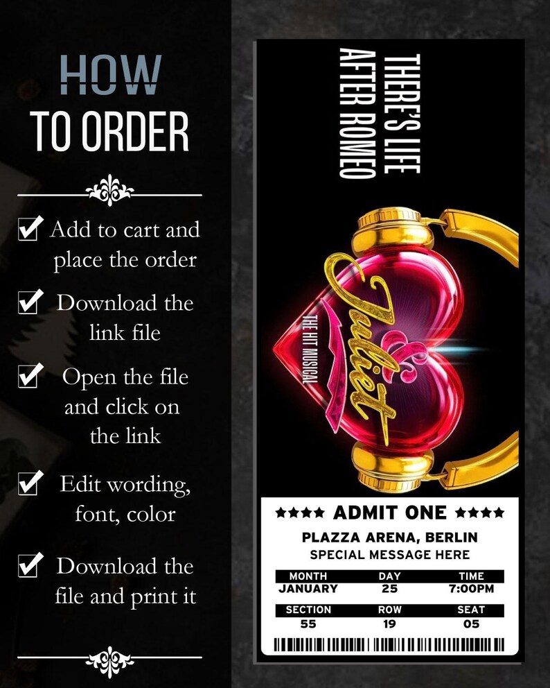 Juliet Broadway Ticket: Bearbeitbares Souvenir-Andenken (Canva Digital Download) Bild 2