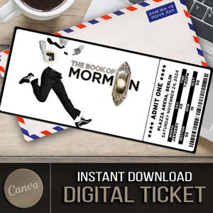 Druckbare The Book of Mormon Broadway Surprise Ticket. Bearbeitbares Musiktheater Faux Event Eintritt Souvenir Andenken. Leinwand Download