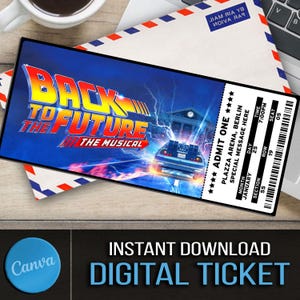 Druckbare ZURÜCK in die ZUKUNFT Broadway-Überraschungskarte, Musical-Sammeltheaterkarte, bearbeitbares Musiktheater-Faux-Event-Souvenir