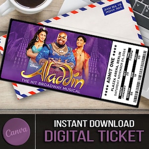 Druckbare Aladdin Musical Theater Ticket, personalisierte Geschenk offenbaren, bearbeitbare West End, Broadway Souvenir Andenken, Canva Sofortiger Download