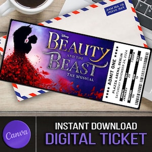 Druckbar die SCHÖNE und das BEAST Musical Theater Ticket, personalisierte Geschenk Reveal, bearbeitbare West End, Broadway Souvenir Andenken Canva