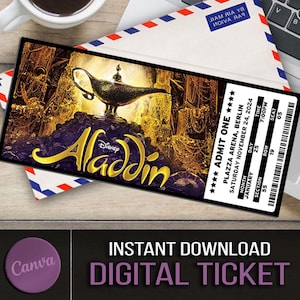 Druckbare Aladdin Broadway Überraschungskarte Bearbeitbares Musiktheater Faux Event Eintritt Souvenir Erinnerungsstück Canva Sofortiger Download