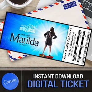 Druckbare MATILDA Broadway Überraschungskarte. Bearbeitbares Musiktheater Faux Event Eintritt Souvenir Andenken. Canva Sofortiger digitaler Download