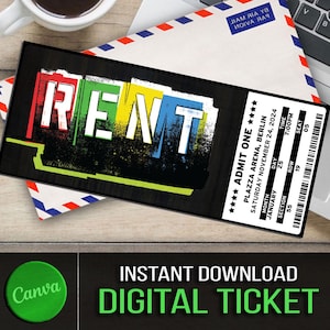 Druckbare RENT Broadway Surprise Ticket, RENT Musical Collectible Theater Ticket RENT Bearbeitbares Musiktheater Faux Event Eintritt Souvenir