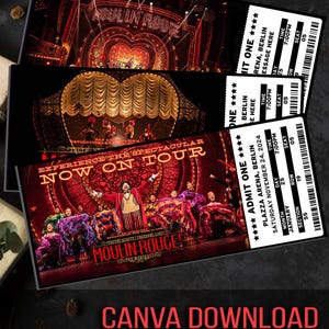 Entrada personalizada para el Moulin Rouge, regalo de Broadway (descarga de Canva), diseño para 3 entradas
