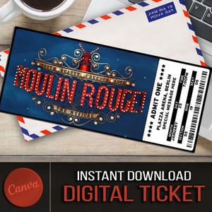 Druckbare MOULIN ROUGE Musical Theater Ticket, personalisierte Geschenk Reveal, bearbeitbare West End, Broadway Souvenir Andenken, Canva Download