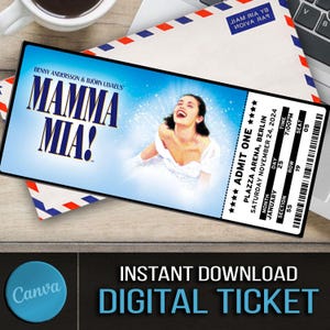 Druckbares MAMMA MIA Musical Theater Ticket, personalisierte Geschenk Reveal, bearbeitbare West End, Broadway Souvenir Andenken, Canva Download