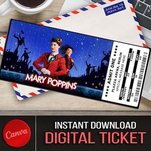 Druckbare Mary Poppins Broadway Surprise Ticket. Bearbeitbares Musiktheater Faux Event Eintritt Souvenir Andenken. Canva Digitaler Download