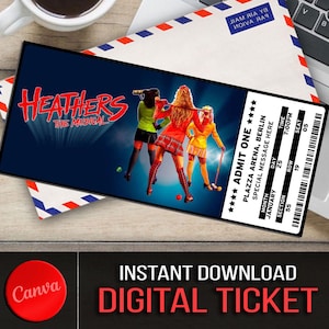 Druckbare HEATHERS Das Musical Theater Ticket, personalisierte Geschenk offenbaren, bearbeitbare West End, Broadway Souvenir Andenken, Canva Download