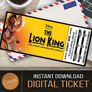 Druckbare KÖNIG DER LÖWEN Broadway Überraschungsticket Bearbeitbares Musiktheater Faux Event Eintritt Souvenir Souvenir Canva Sofortiger Download