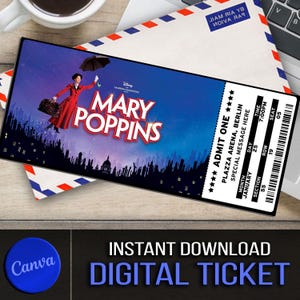 Plantilla de boletos para el musical Mary Poppins con edición instantánea en CANVA, boleto sorpresa para Broadway para imprimir con Mary Poppins, recuerdo de un evento de teatro musical