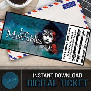 Druckbare Les Miserables Musical Theater Ticket, personalisierte Geschenk offenbaren, bearbeitbare West End, Broadway Souvenir Andenken, Canva Download