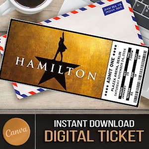 Druckbare HAMILTON Broadway West End Überraschungskarte Bearbeitbares Musiktheater Faux Event Eintritt Souvenir Souvenir Erinnerung Canva Sofortiger Download