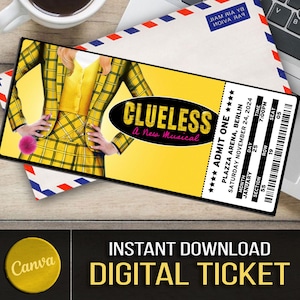 Druckbare CLUELESS Broadway Überraschungskarte. Bearbeitbares Musiktheater Faux Event Eintritt Souvenir Andenken. Canva Digitaler Download