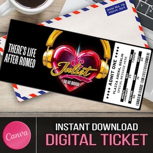 Druckbare JULIET Broadway Surprise Ticket. und Juliet Bearbeitbares Musiktheater Faux Event Eintritt Souvenir Andenken Canva Digitaler Download