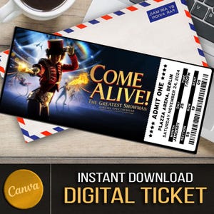 Bearbeitbar Werde lebendig! Das größte Showman Circus Spectacular Ticket, personalisierte Geschenkenthüllung, bearbeitbares Souvenir-Andenken, digitales Ticket