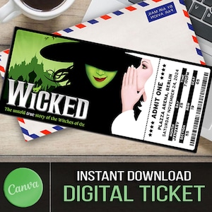 Druckbare Wicked Musical Theater Ticket, personalisierte Geschenk offenbaren, bearbeitbares West End, Broadway Souvenir Andenken, Canva Sofortiger Download