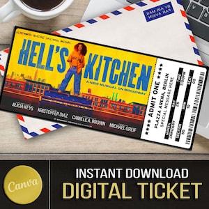 Może przedstawiać: Żółty i czarny bilet na musical "Hell's Kitchen" w Plaza Arena w Berlinie 25 stycznia o godzinie 19:00. Na bilecie znajduje się zdjęcie kobiety w czerwono-czarnej kurtce i niebieskich dżinsach stojącej na pianinie.