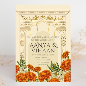 DIGITAL | Cartão de convite de casamento indiano/hindu 5x7 - Marigolds laranja