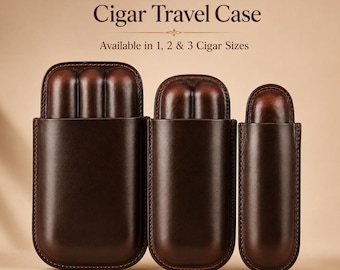 May include: Three dark brown leather cigar travel cases of varying widths, designed to hold one, two, or three cigars. The text reads: Personalized Leather Cigar Travel Case, Available in 1, 2 & 3 Cigar Sizes, 3 Cigars, 2 Cigars, 1 Cigar.