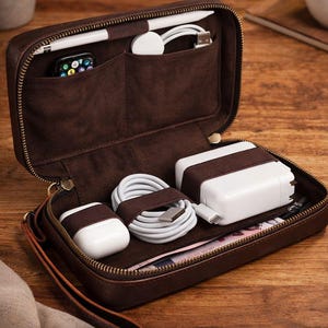 Personalized Leather Tech Cable Organizer, Custom Travel Cable Bag, Monogrammed Case, Groomsmen Gift, Leather Cord Pouch, Tech Gift for him