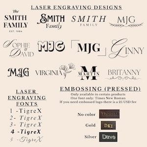 May include: A beige graphic displaying laser engraving and embossing design choices. It presents diverse font styles for names and family names, alongside examples of embossed text in gold and silver. The text includes "LASER ENGRAVING DESIGNS" and "EMBOSSING (PRESSED)".