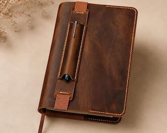 Personalized Full Grain Leather Bible Cover with Pen Holder, Custom Engraved Christian Gift